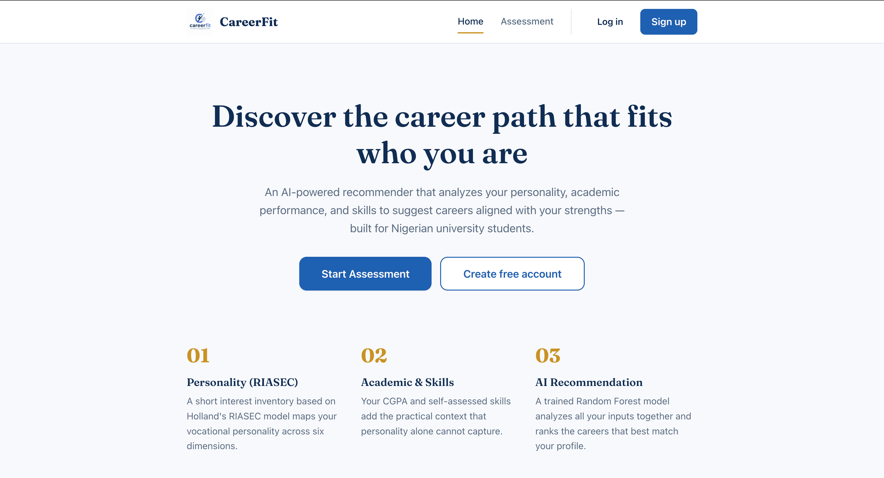 CareerFit home page — "Discover the career path that fits who you are"