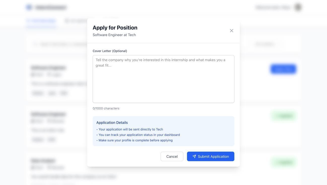 The student side: applying to a role, with an optional cover letter. The application is sent straight to the company and becomes trackable from the student's dashboard.