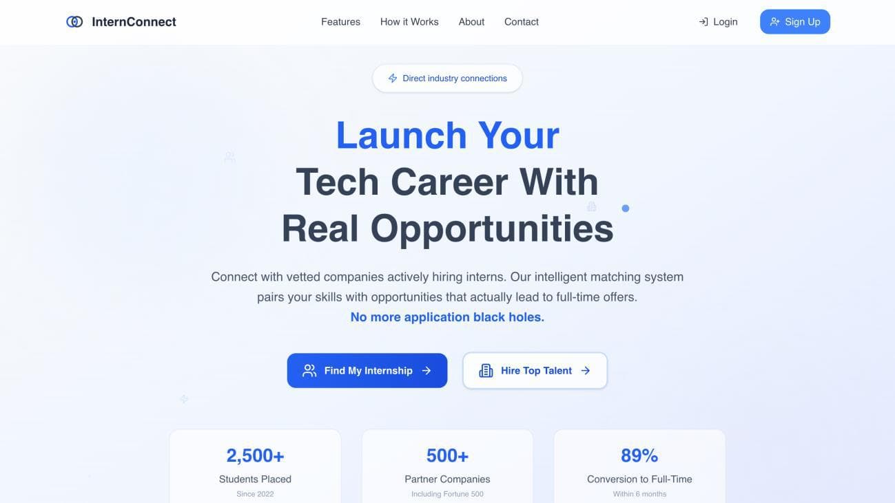 InternConnect landing page — "Launch your tech career with real opportunities"
