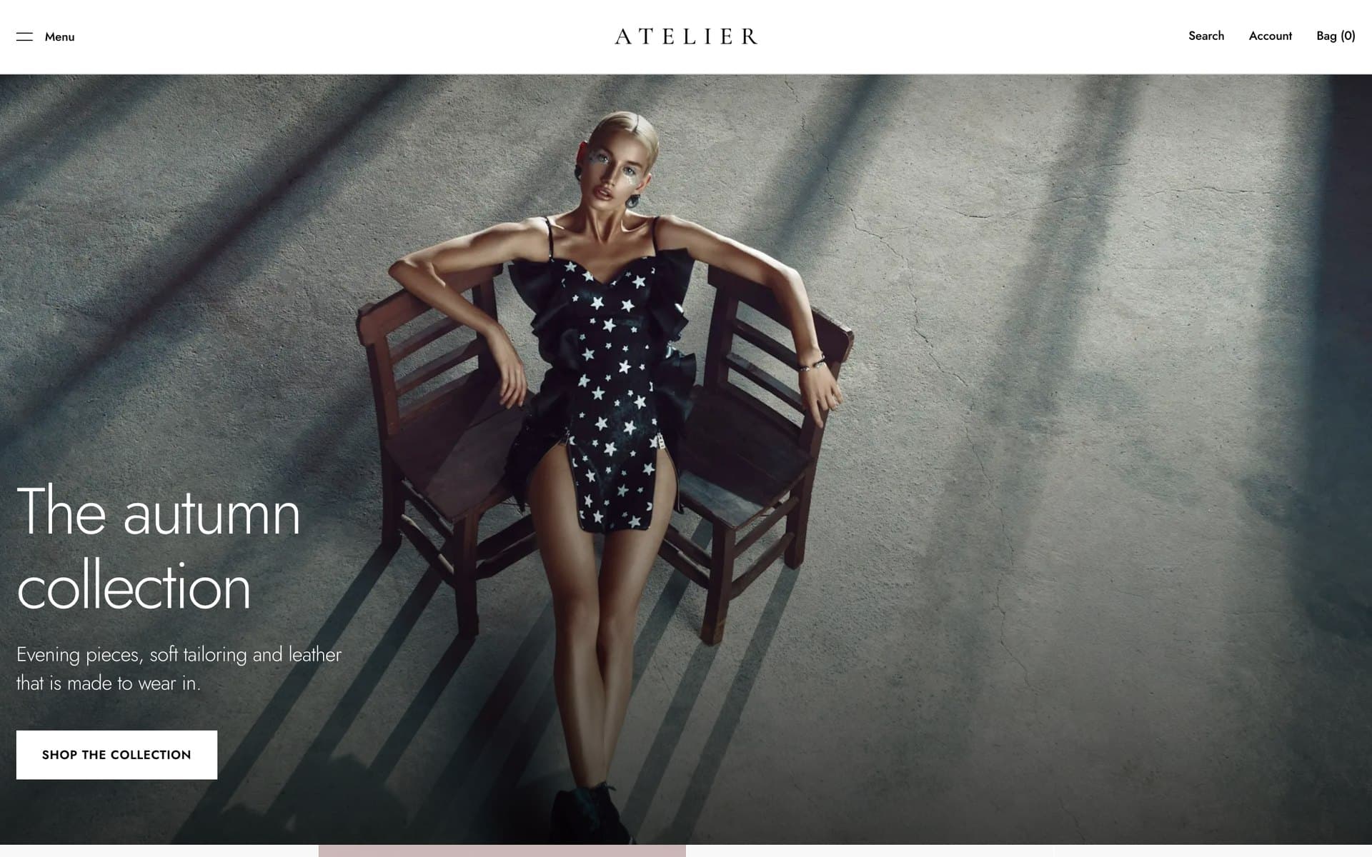Atelier's homepage: an autumn collection campaign under a spaced serif wordmark