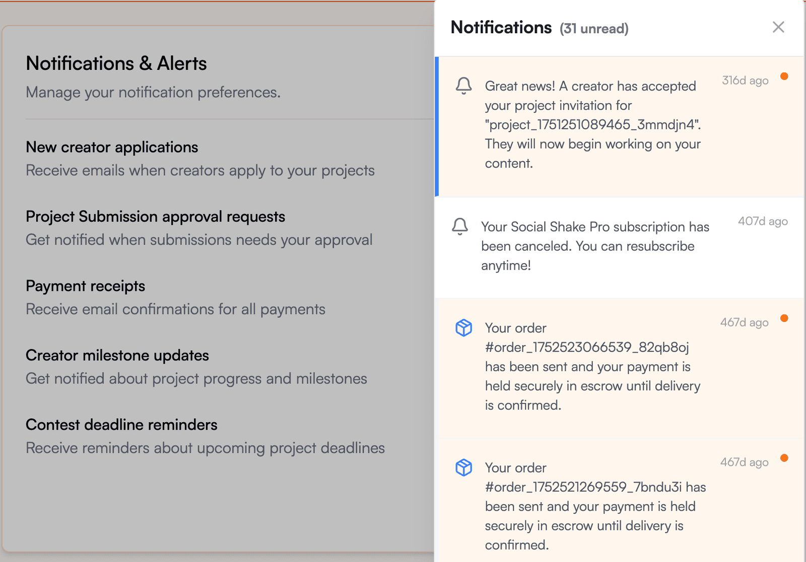 Brand notifications: an accepted invitation, and two orders held in escrow until delivery is confirmed.
