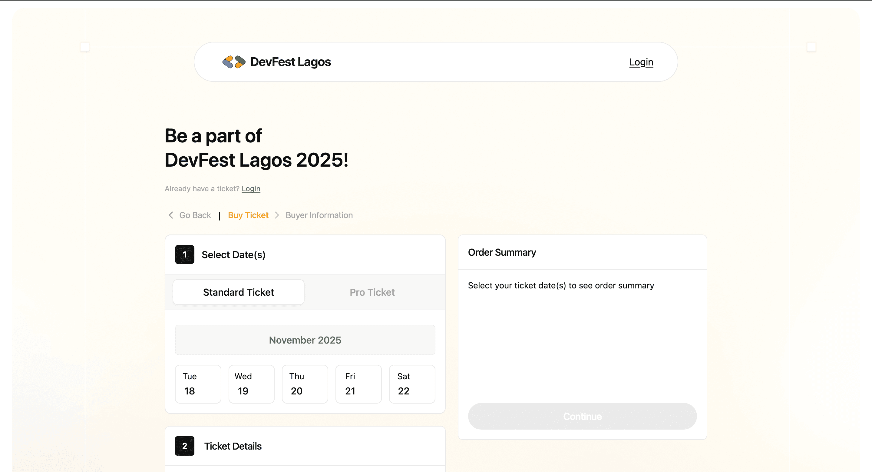 The ticket-selection step: Standard and Pro ticket tabs above a multi-day November calendar, with a live order summary and a stepped Select Dates → Ticket Details → Buyer Information flow.